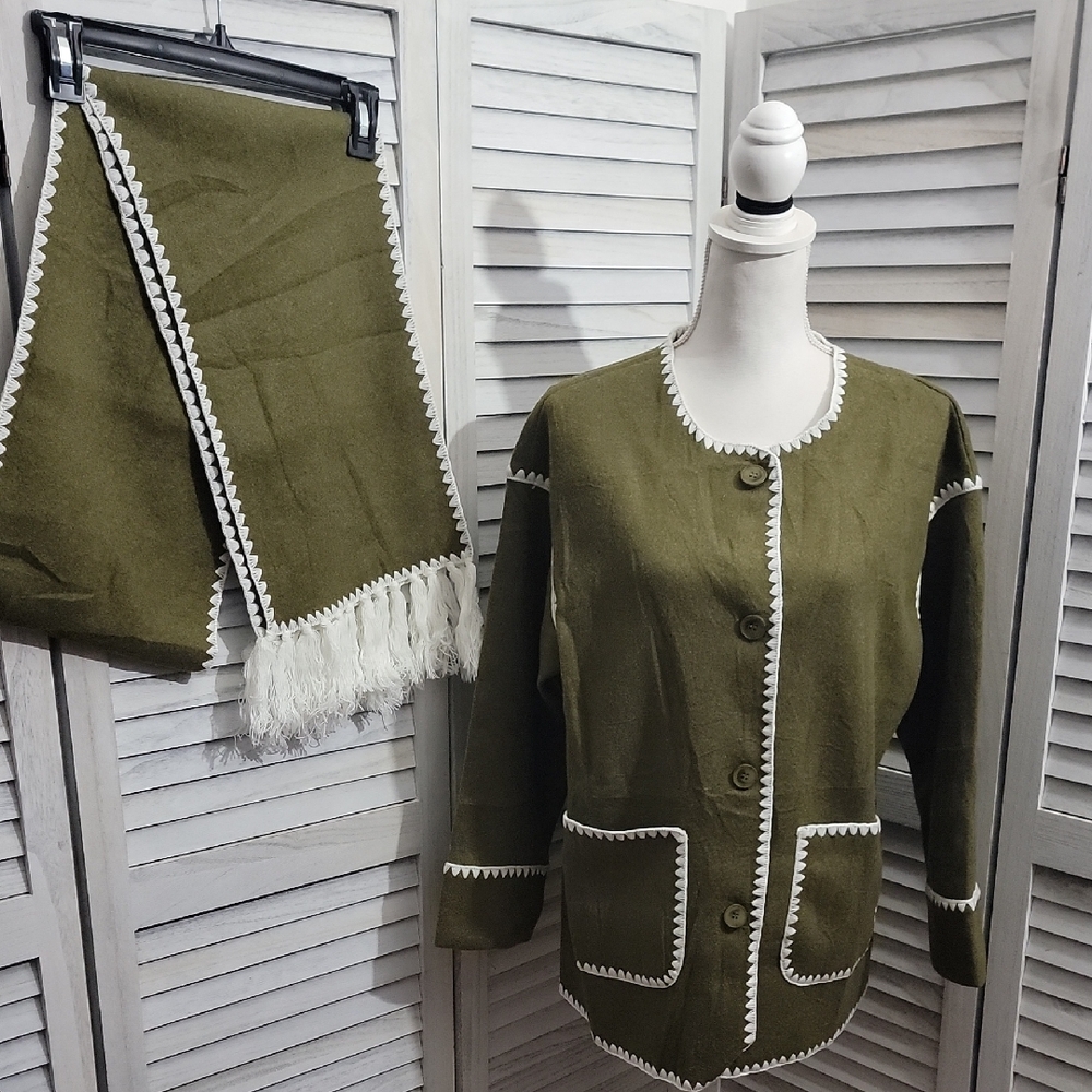 Olive Green Coat and Scarf Set with White Trim Size Small